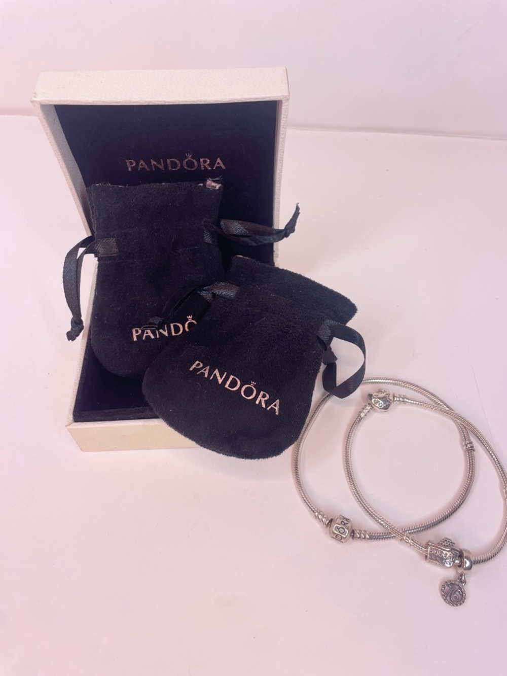 Pandora Black Velvet Pouches with Silver Charm Bracelets
